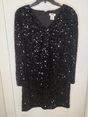 DKNY Black Sequin Mini Dress w/ Long Sleeves - Size 12